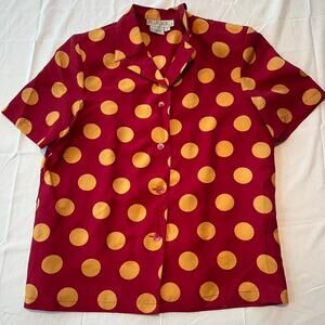 Vintage 1990s Blue Ice Short Sleeve Silk Polka Dot Button Up 100% Silk Size 4